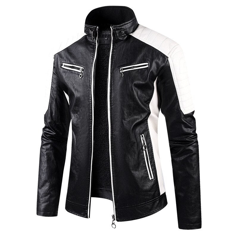 Men's Splicing Leather Bomber Jacket Fashion Motorcycle Jacket Retro Style Warm