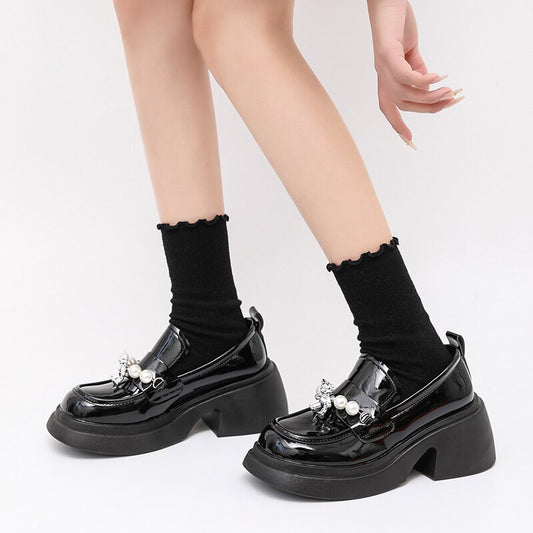 Bear Pearl Platform Lolita Gothic Shoes Woman Spring College Style Patent Leath