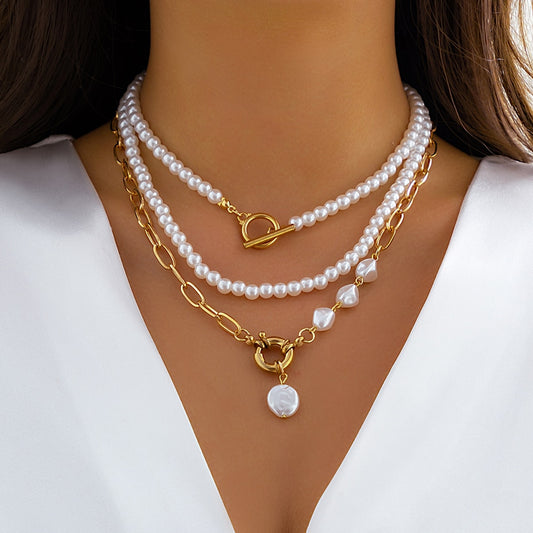 Ingemark Multilayer Imitation Pearl OT Buckle Pendant Necklace Women Wed Bridal