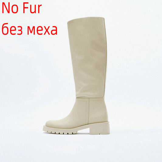 QUTAA INS Fashion Women Knee High Boots Full Cow Leather Warm Flats Thick High