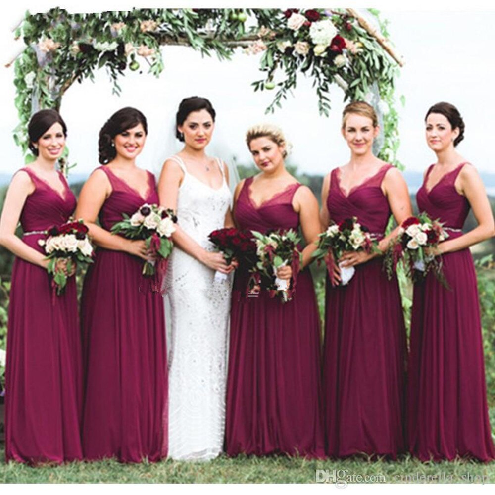 Bohemain Bridesmaid Dresses Long Lace V-Neck Country Wedding Guest Dresses Floor