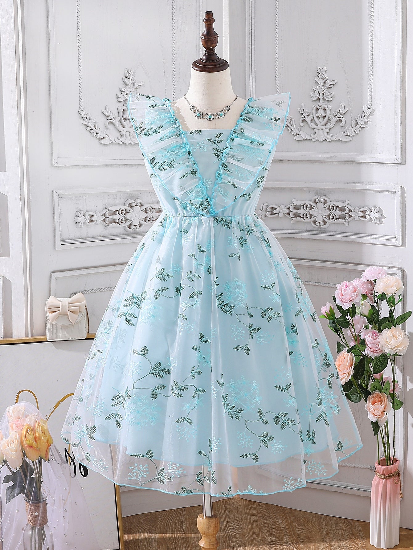 Girls Floral Embroidery Ruffle Trim Mesh Overlay Dress