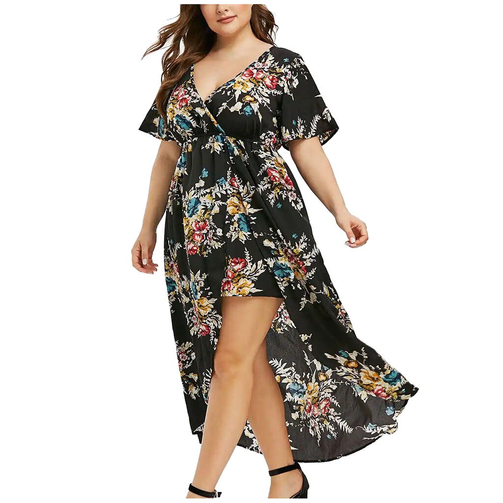 Summer Women Dress 2021 Gorgeous Fork Short-Sleeve Floral Printed Sundress Plus