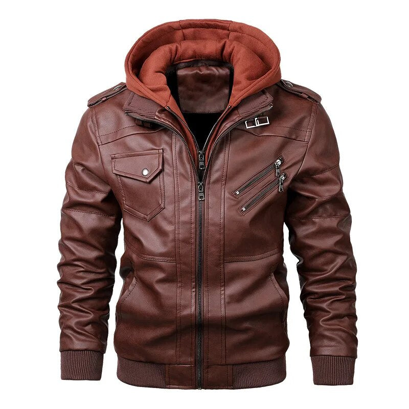 Men's Leather Jacket Spring Autumn Hooded Motorcycle PU Jacket Men Bicycle Jack