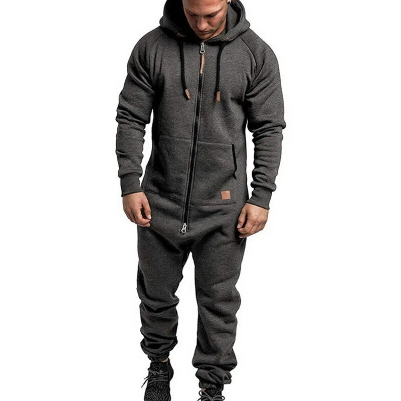 Mens Onesie Jumpsuit Pajamas Long Sleeve Sweatpants Pure Color Splicing Autumn