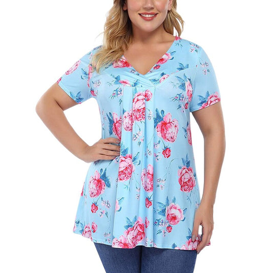 Plus Size Fashion Pleated Floral Tunic TShirt Casual Summer Ladies V-Neck Tunic