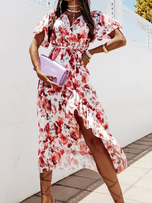 Summer Short Sleeve Belted Women Long Dress Lady Fashion Floral Print Boho