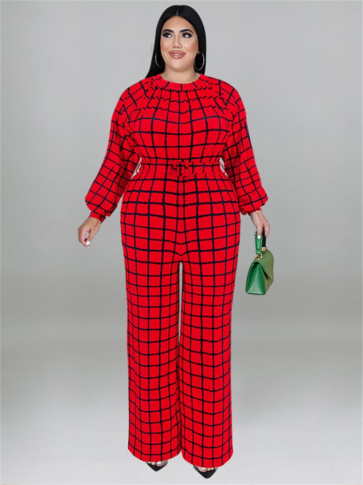 Wmstar Plus Size Jumpsuit Women With Belt Plaid One Piece Outfits Casual Wide Le