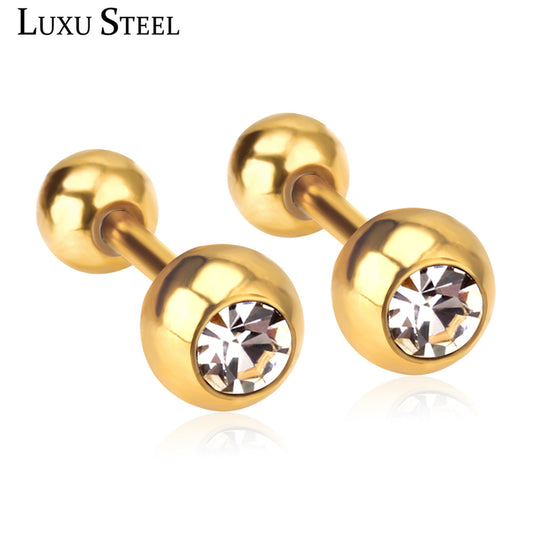 LUXUSTEEL Crystal Earrings For Women Men Gold Color Stainless Steel Round CZ St