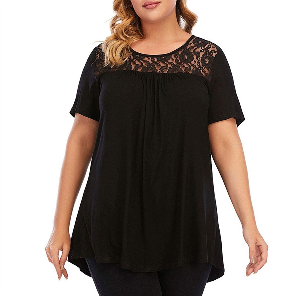 Plus Size Crinkle Chest Short Sleeve T Shirt Lace Patchwork Round Neck Loose Ov