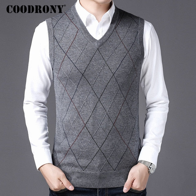 COODRONY Casual Argyle V-Neck Sleeveless Vest Men Clothes 2020 Autumn Winter