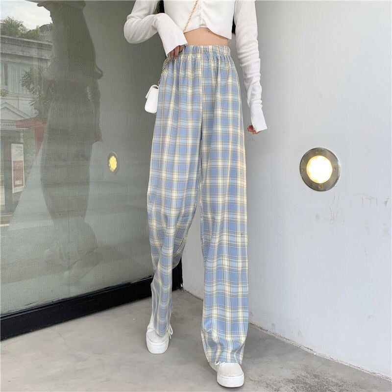 Harajuku Plaid Pants Women Oversize Wide Leg Trousers Female Korean Style