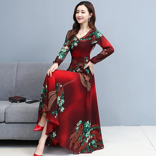 Autumn Winter Vintage Evening Dresses Floral Chiffon Long Sleeve Casual Boho