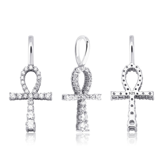 TOPGRILLZ 925 Sterling Silver Small Ankh Cross Pendant Iced Out Cubic Zirconia