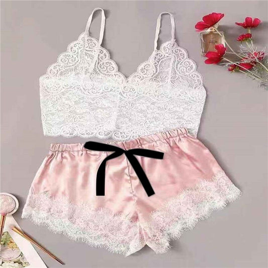 Cute Lingerie Women Sleepwear Satin White Lace Camisole Shorts V-Neck Tops