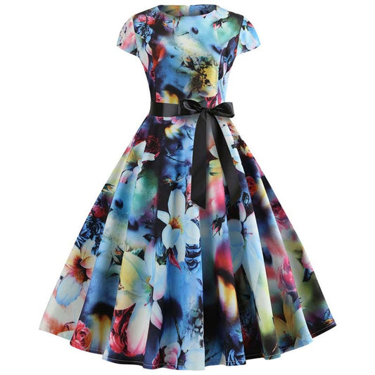 Women Vintage Dress Summer Floral Print Short Sleeve Dresses 50s 60s Office Part