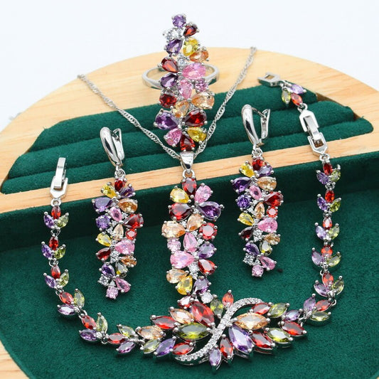 New Multicolour Purple Topaz 925 Silver Jewelry Set For Women Bracelet Earring