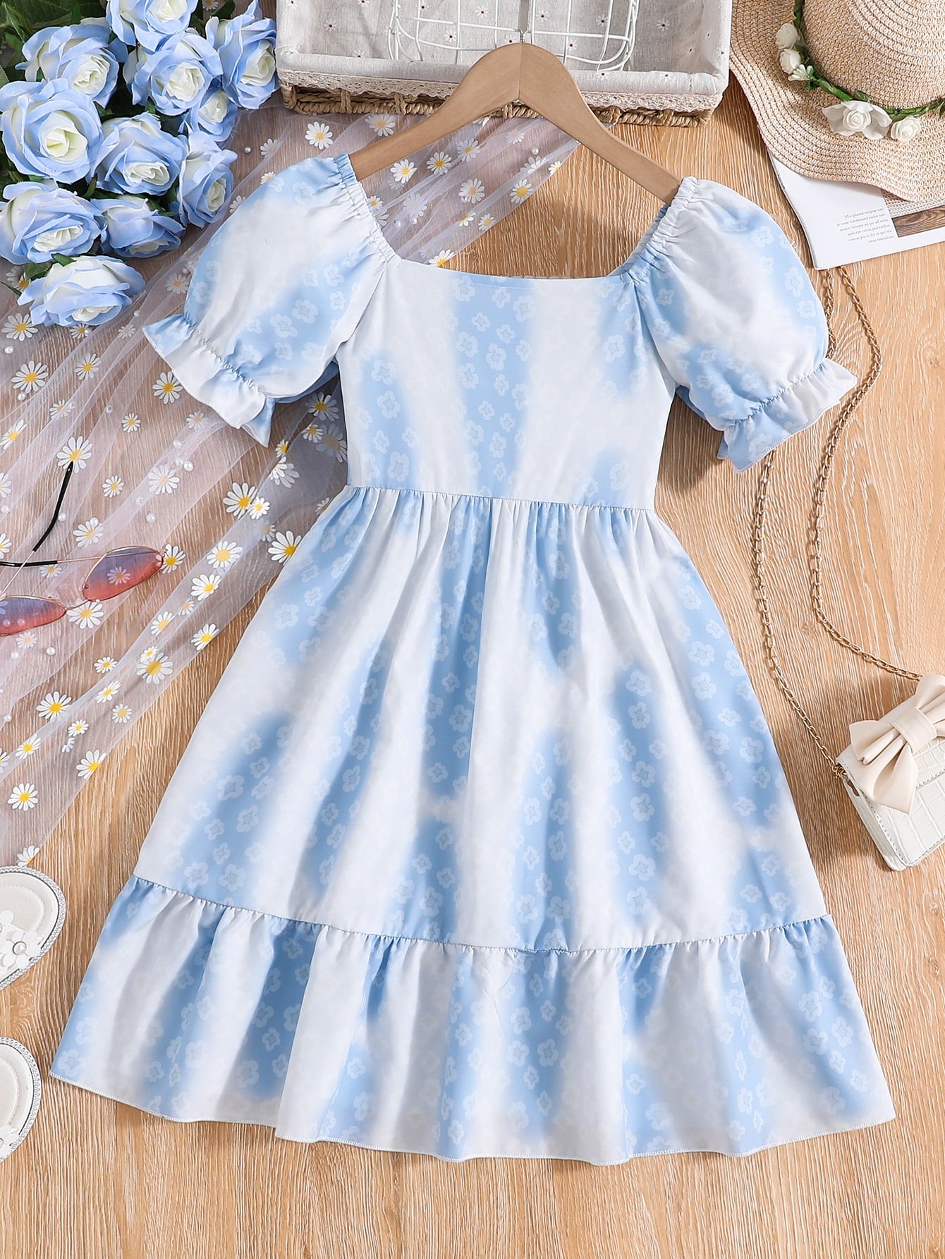 Girls Tie Dye Floral Print Puff Sleeve Ruffle Hem Dress