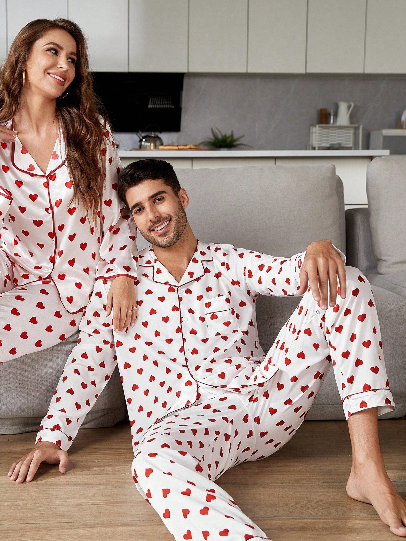 Men 1set Heart Print Contrast Piping PJ Set