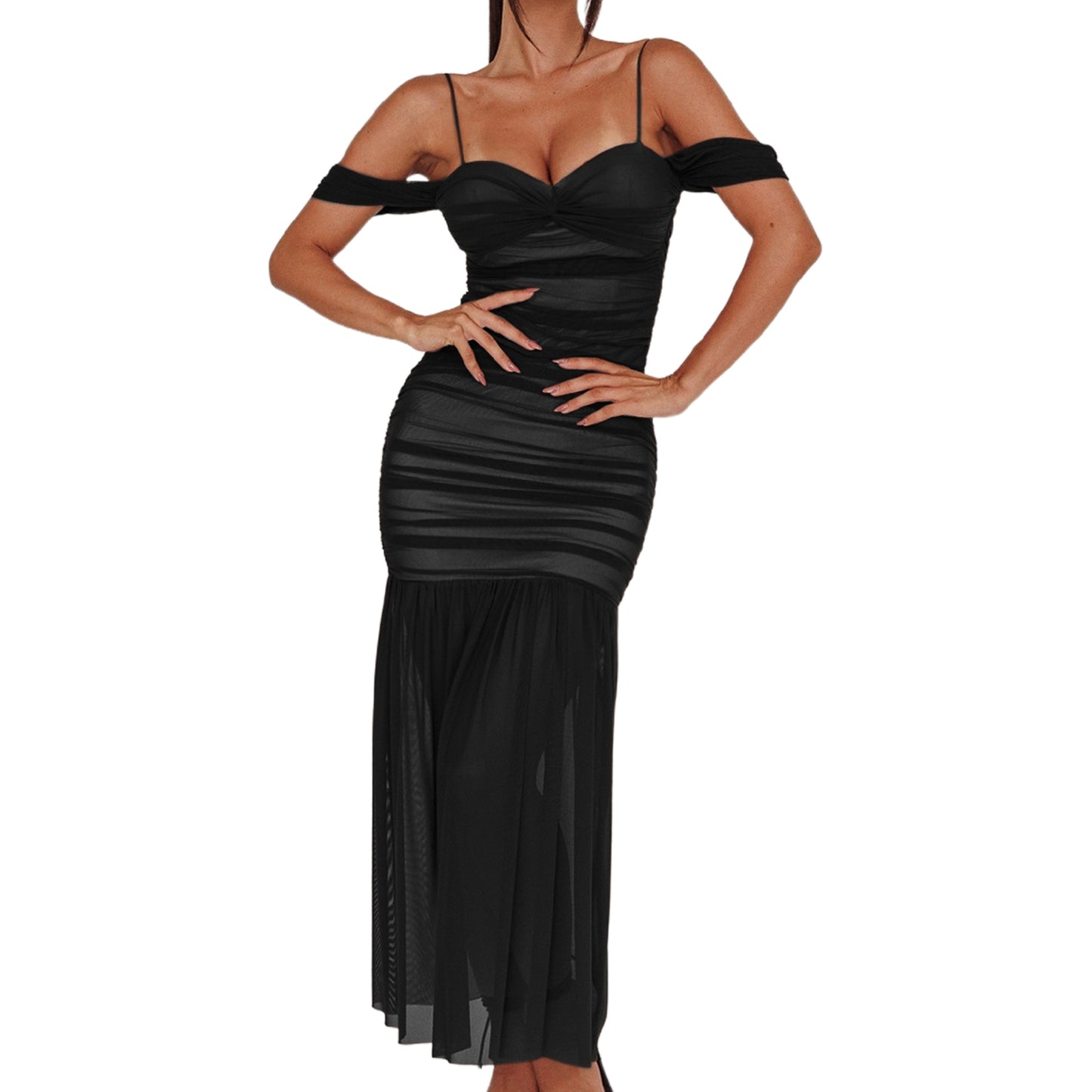 Women Ruched Mesh Maxi Dress Spaghetti Strap Off Shoulder Open Back Dresses Sol