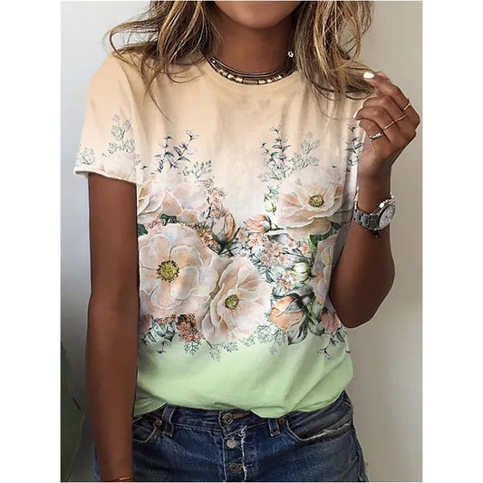 Women Summer Top Vintage Floral TeeT-Shirt Short Sleeve O-neck Clothes Tee Shirt