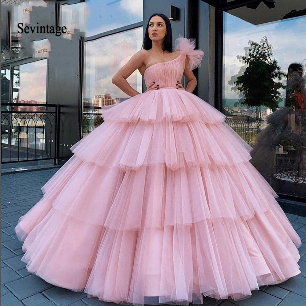 Sevintage Pink One Shoulder Quinceanera Dress Dubai Ball Gown Tiered Pleats Long