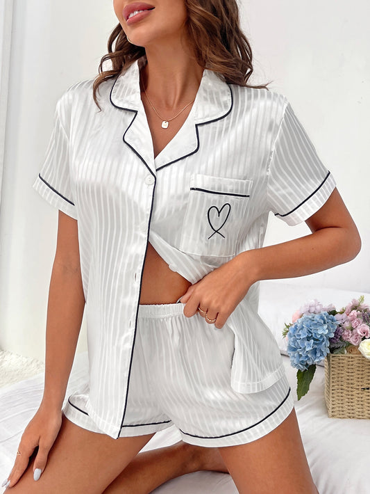 Heart Print Contrast Binding Satin PJ Set