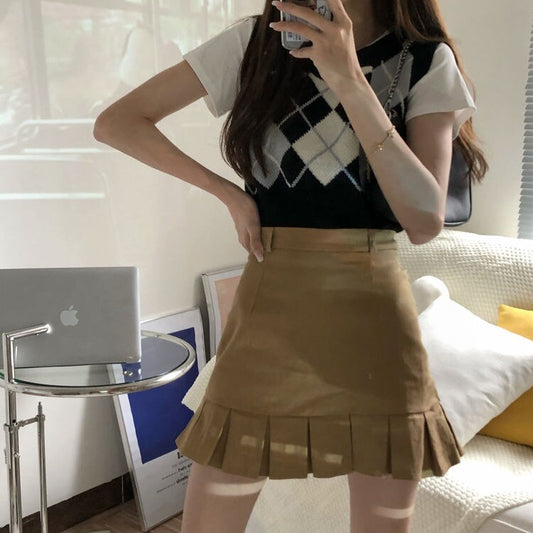 HOUZHOU Korean Fashion Pleated Mini Skirt Women Cute Casaul Preppy Style High