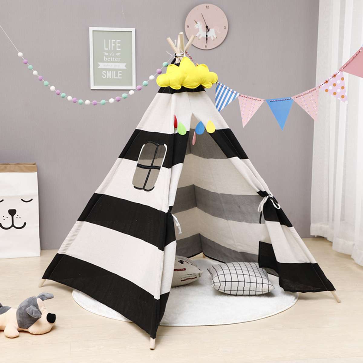 1.6M Large Teepee Triangle Tent Kids Playhouse Cotton Canvas Pretend Play Tent D