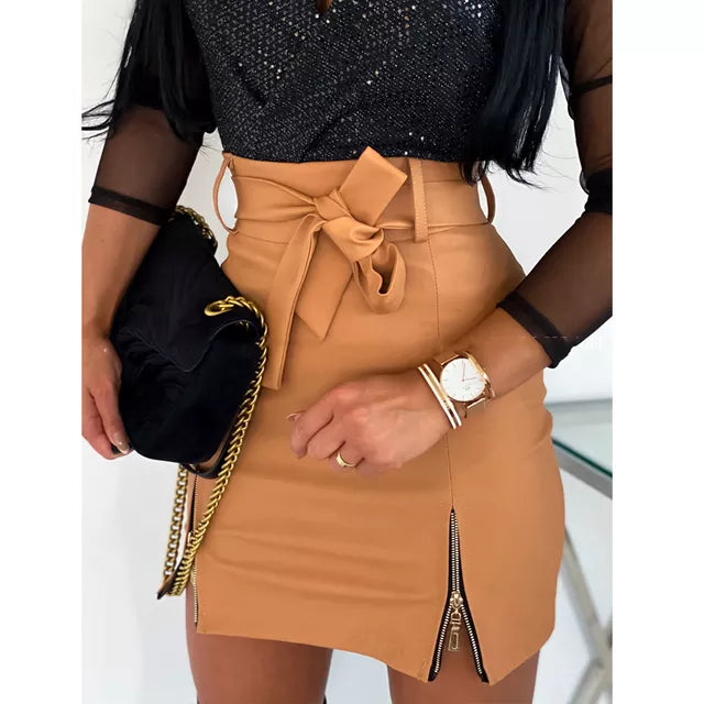 Cute Women Black PU Leather Pencil Bodycon Skirt Clubwear Double Zipper High