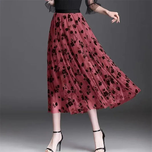 Mesh Floral Skirt For Women 2023 Autumn Winter Lace Flocking Big Swing Elastic