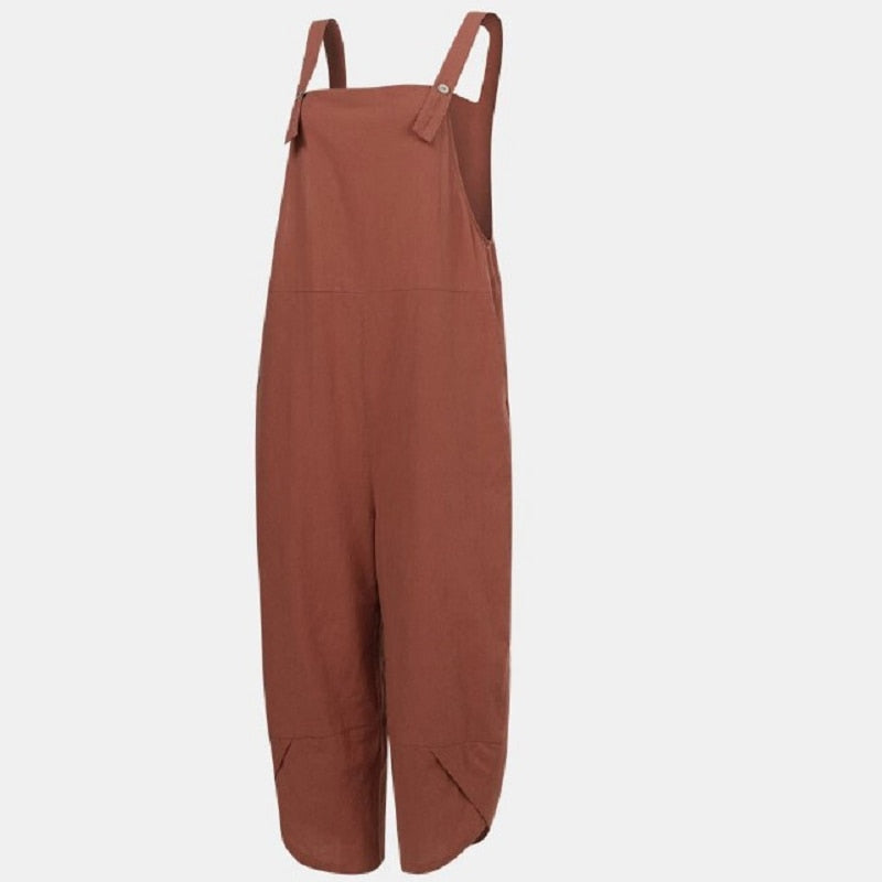 Women Rompers Casual Loose Solid Pockets Jumpsuit Overalls Linen Cotton