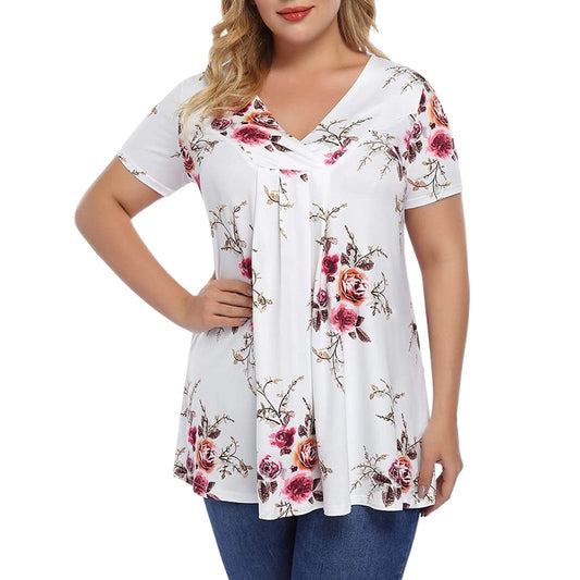 Plus Size Fashion Pleated Floral Tunic TShirt Casual Summer Ladies V-Neck Tunic