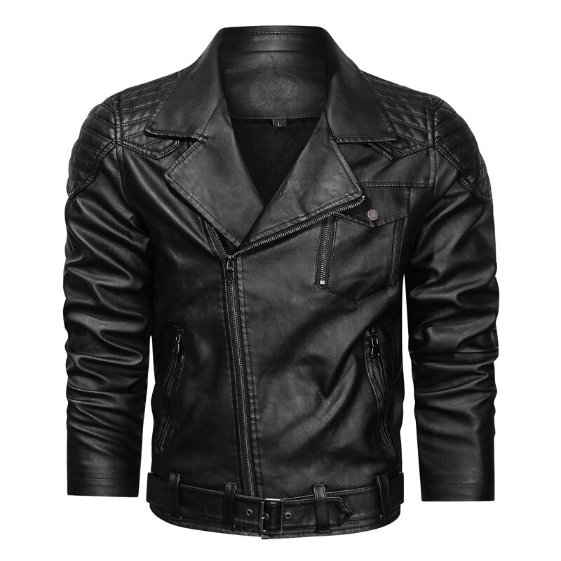 Classical Men's Turn Down Collar PU Leather Jacket Casual Slim Brand Thicken Mot