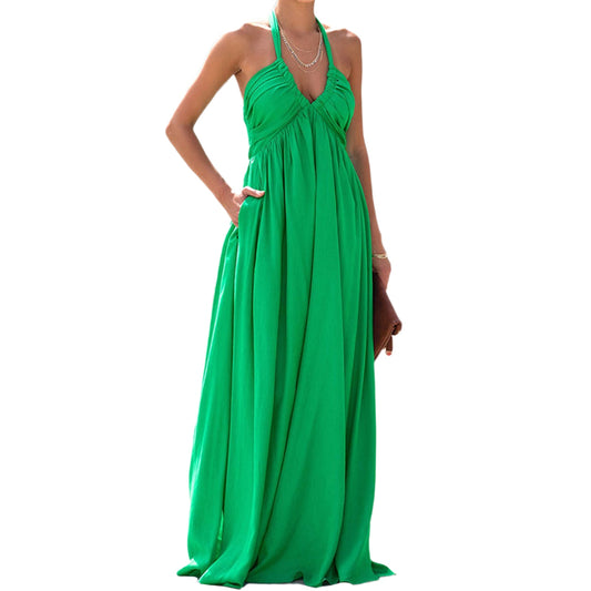 Women Halter Pleated Dress Deep V Neck Ladies Sleeveless Long Dress Elegant Sty