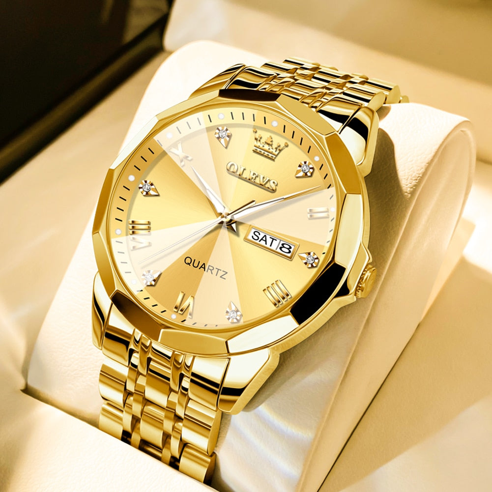 TAXAU New Watch For Men Rhombus Original Quartz Waterproof Wristwatch Gold Stai