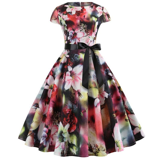 Women Vintage Dress Summer Floral Print Short Sleeve Dresses 50s 60s Office Part