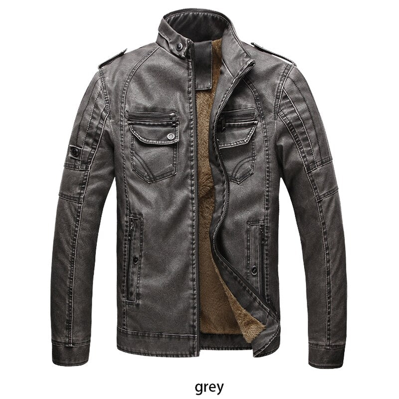 Men's Winter PU Leather Motorcycle Jackets Stand Collar Zipper Pockets Male Bike