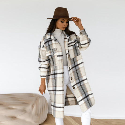 Womenâ€˜s Coat Fashion Plaid Woolen Outerwear New Long Sleeve Plaid Print Button