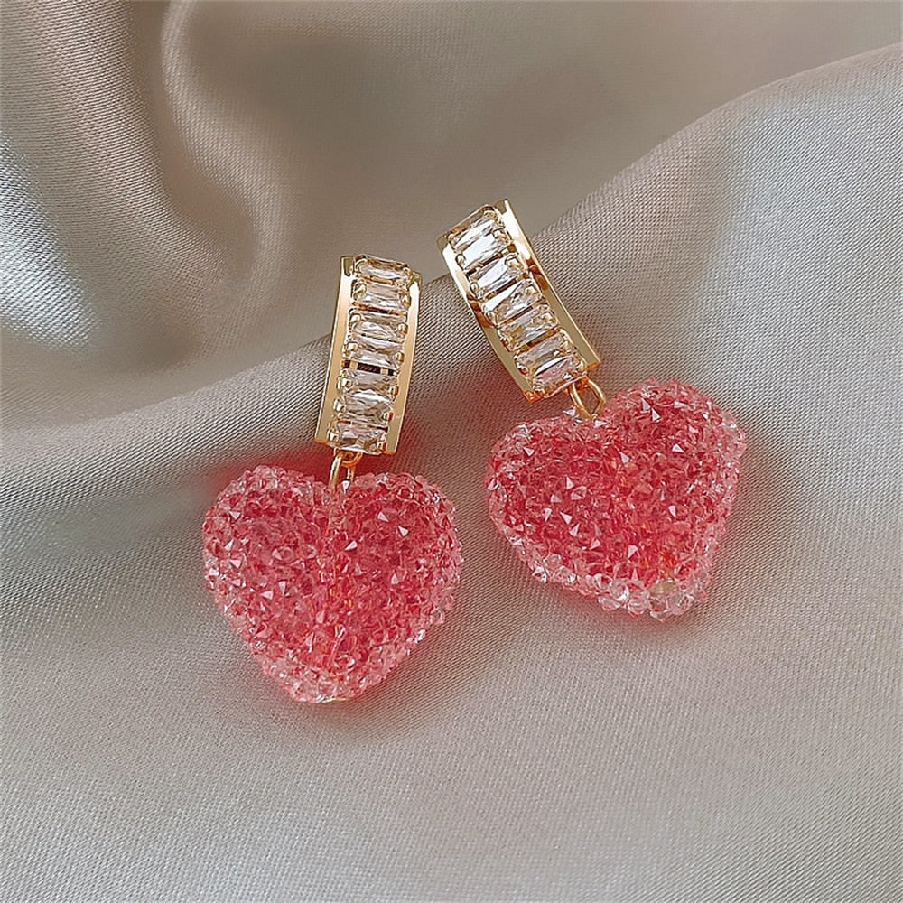 Cute Sweet Pink Love Heart Stud Earrings For Women Luxury Shiny Crystal Zircon