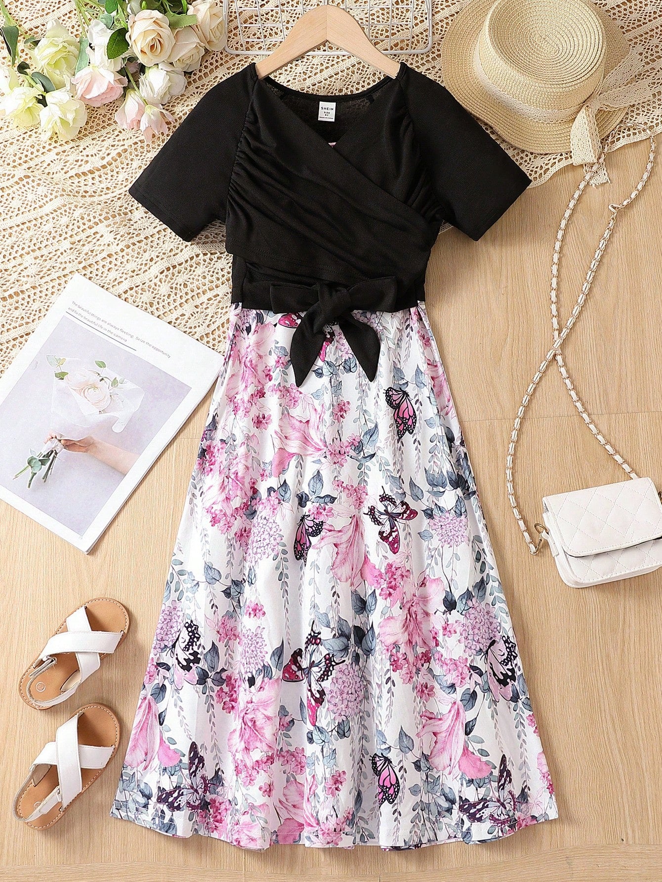 Girls Floral Print Ruffle Trim Pleated Belted Dress