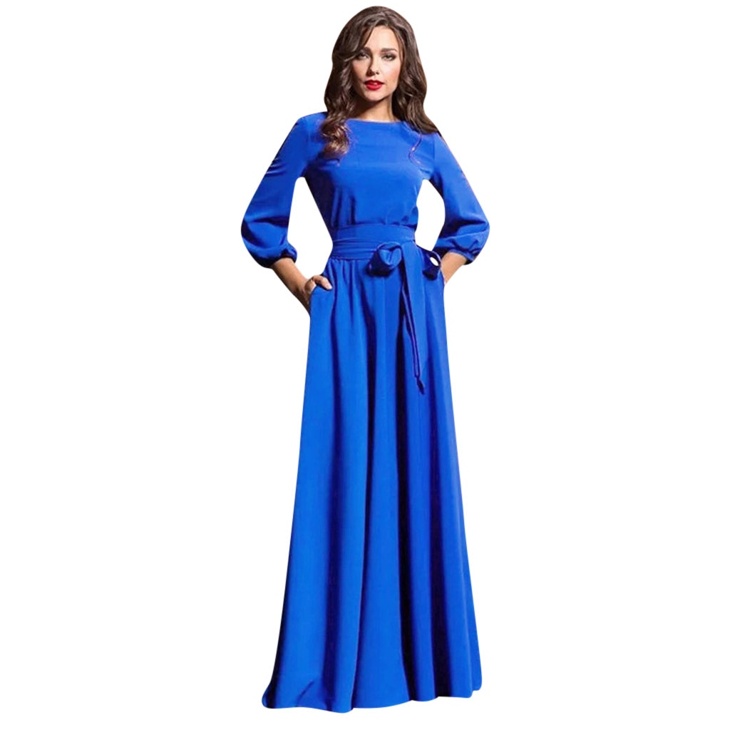 Women Party Dress Lantern Long Sleeve Solid Maxi Dresses With Belt Vintage