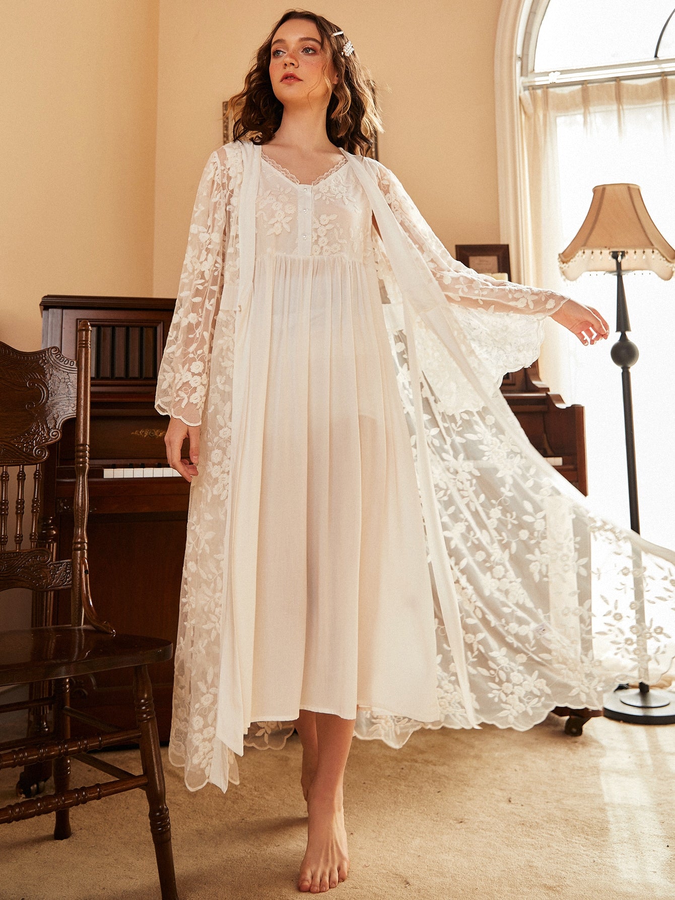 Floral Embroidery Night Dress & Tie Front Robe