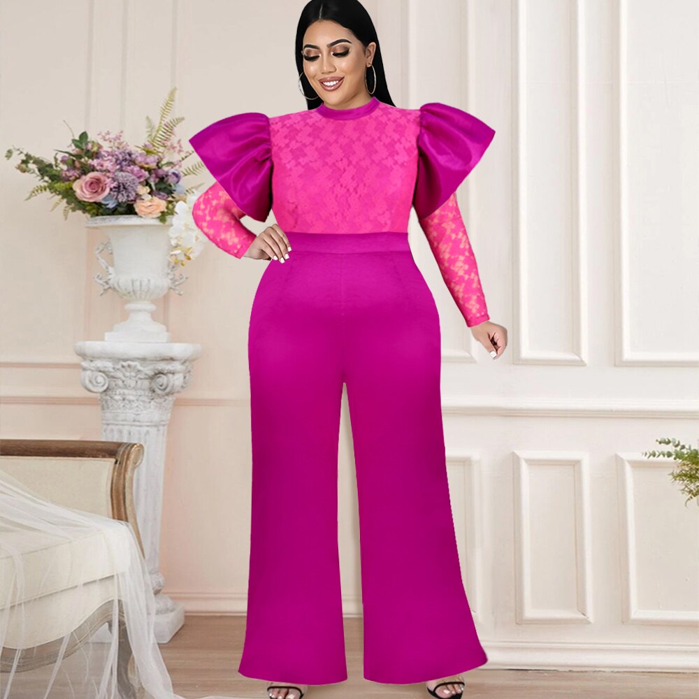 Reose Res Jumpsuits Plus Size 3XL Long Sleeve Lact Patchwork High Waist Straight