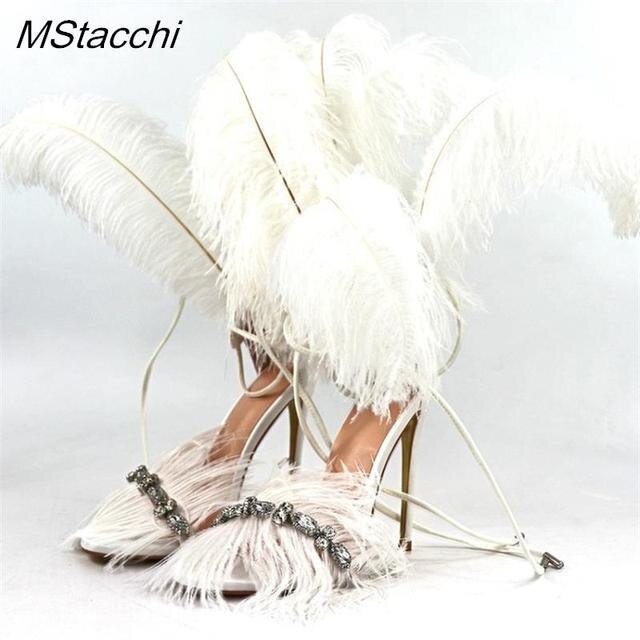 Crystal Feather Sandals Woman Summer 2023 Ostrich Hair Decor High Heels Gladiat