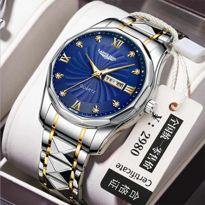 Men's Diamond Faced Steel Band Watch Waterproof Luminous Calendar Quartz Watch S