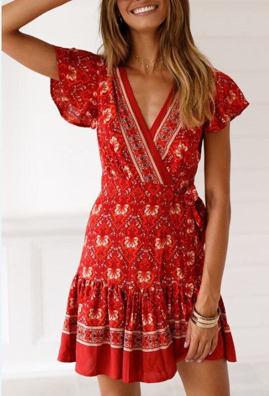 Women Short Sleeve Wrap Boho Floral Mini Dress Ladies Summer Sundress Holiday v Neck Short Sleeve Print Dress 9 Colors