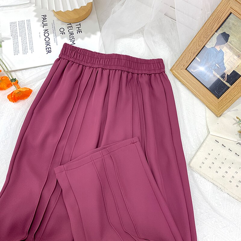 Syiwidii Chiffon Pants Women Elastic Waist 2022 Summer Korean Fashion Casual High Waist Solid Ladies Elegant Wide Leg Trousers