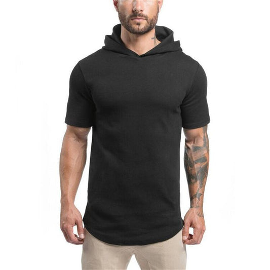 Mens Bodybuilding Hoodies Gyms Hooded Short Sleeve Fitness Clothing Muscle Shirt Cotton Slim Solid Cotton Pullover Sweatshirt