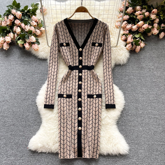 SINGREINY Women Design Plaid Knitted Dress Long Sleeve v Neck Single Breasted Slim Sheath Dresses Autumn Bodycon Sweater Dress